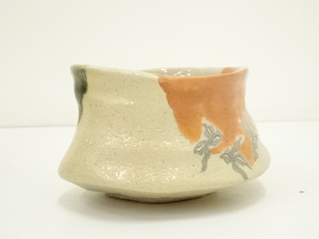 水野双鶴造 練込織部沓茶碗（共箱）：リサイクル・アンティーク着物の